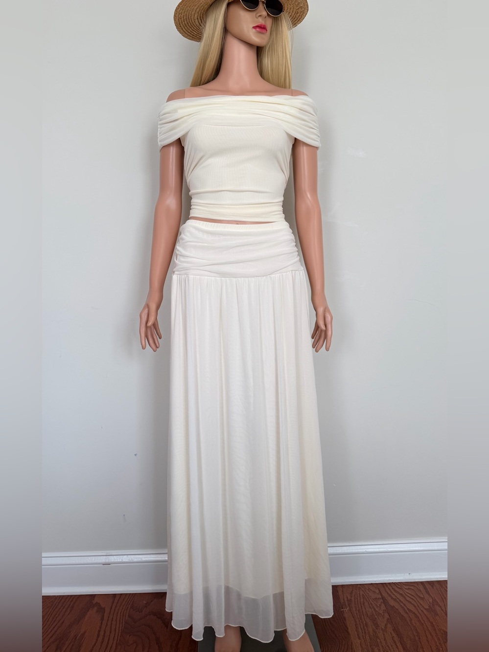2 Pcs Cream Flowy Set Top And Maxi Skirt Stretchy Large